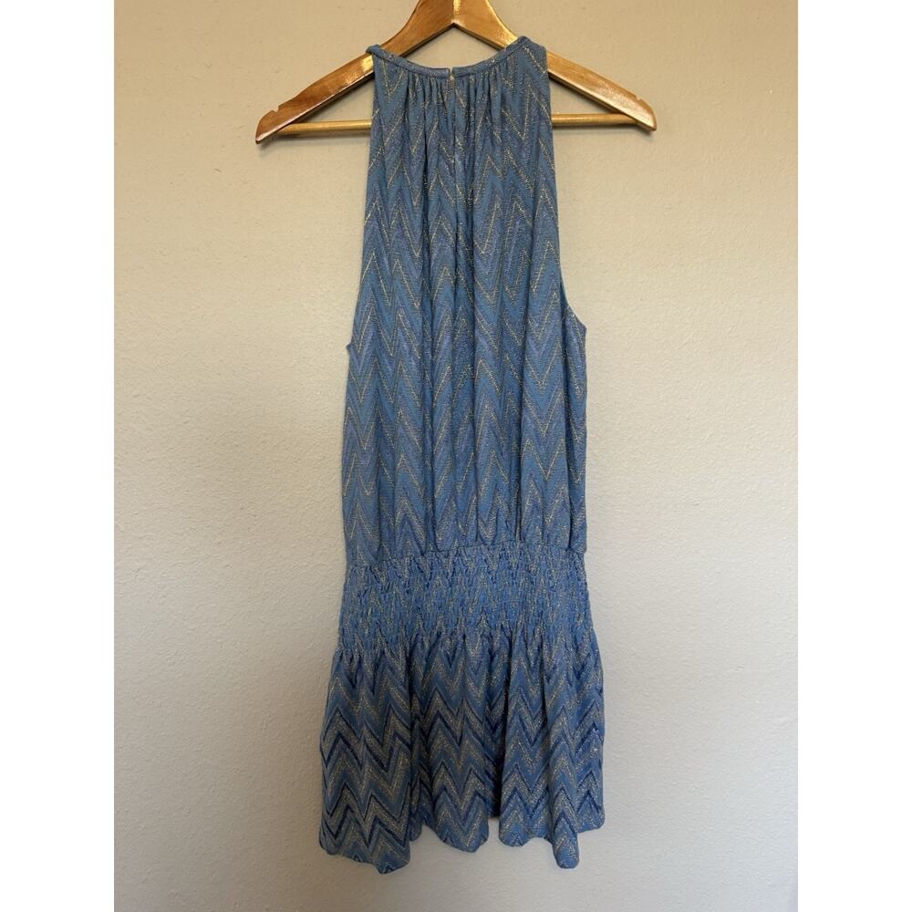 Ramy Brook Blue Chevron Shift Mini Dress Halter Neck Lined Smocked Zip size XL - Picture 2 of 6
